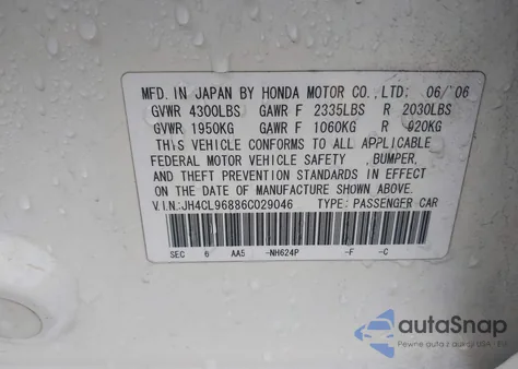 2006 Acura Tsx из США, поврежденный, VIN JH4CL96886C029046